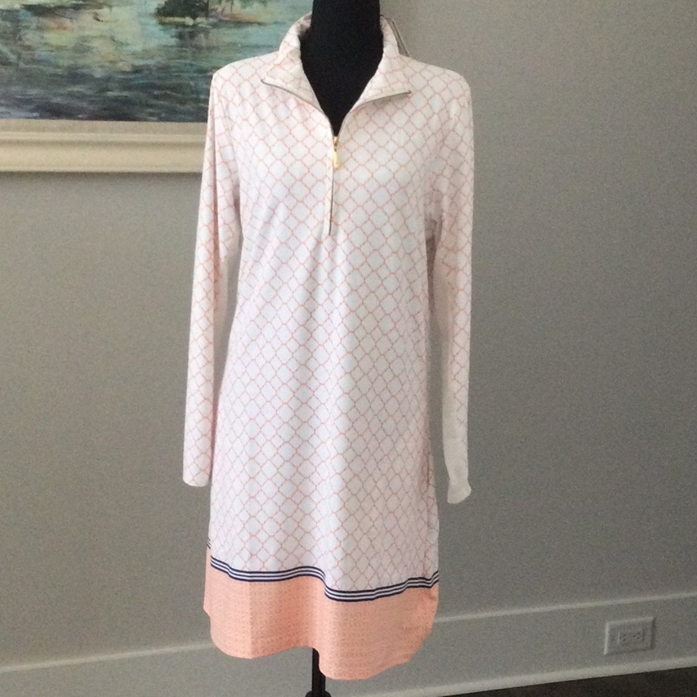 Cabana Life White and Peach Long Sleeve Dress with Navy Trim
